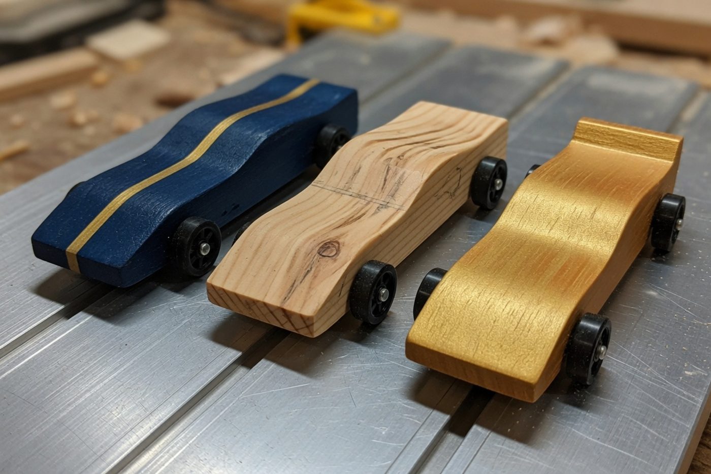 Three handmade wooden pinewood derby cars on a metal track